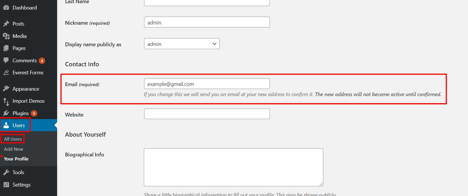 change WordPress admin email