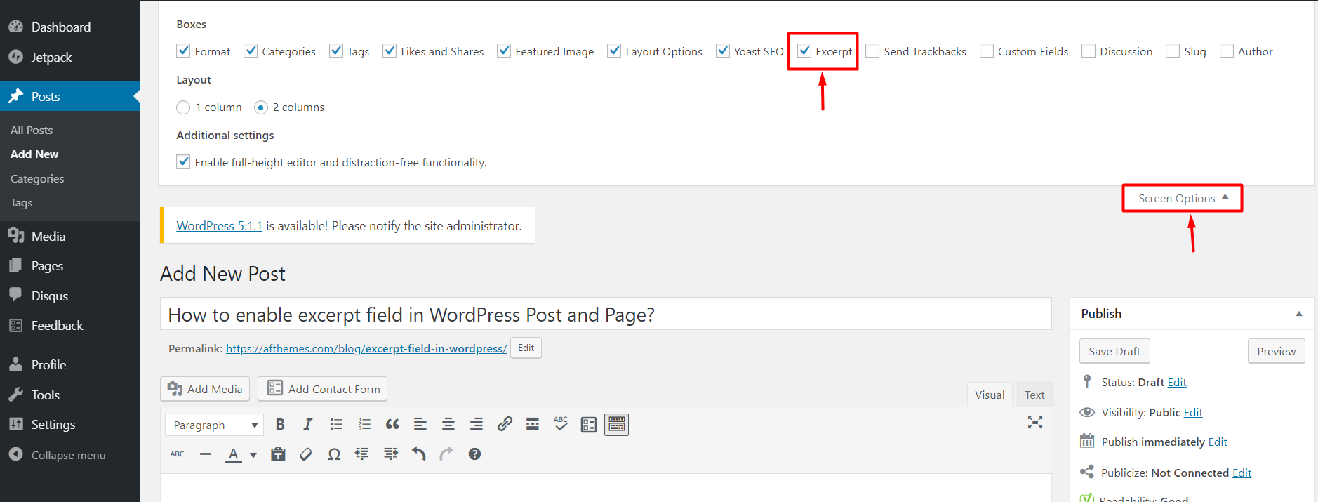 excerpt field in WordPress Post and Page Screen Options